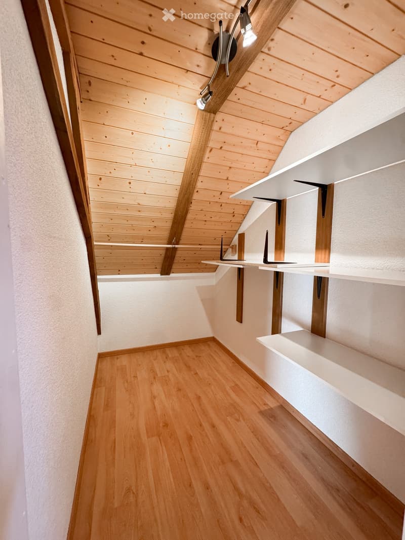 A narrow hallway with wooden flooring and white walls, featuring built-in white shelves and a modern light fixture on the ceiling.