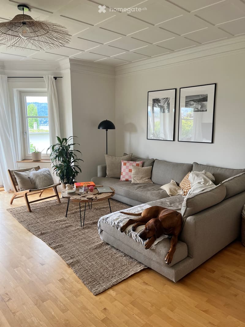 Modern living room with grey sectional sofa, wooden coffee table, floor lamp, and large window with view.