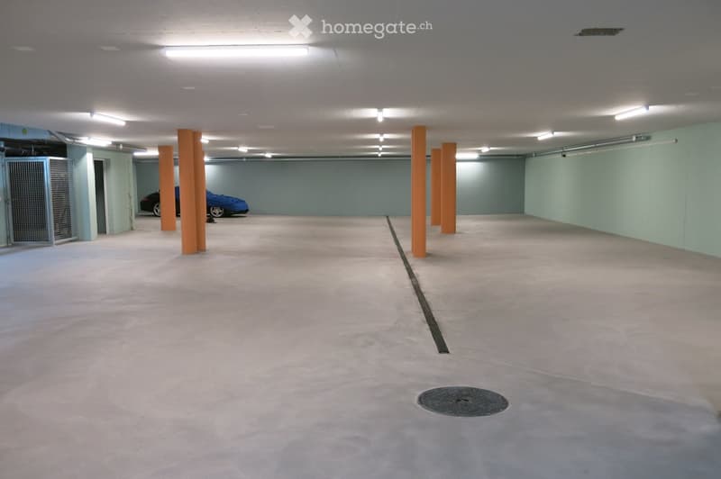 Underground parking area with concrete floor, orange support pillars, and a single parked car.