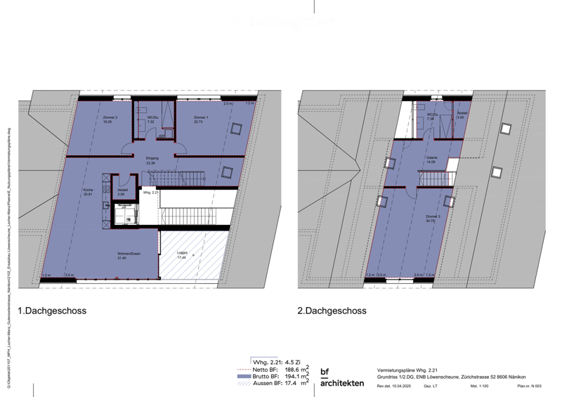 Floor plan of a two-story attic apartment with labeled rooms including living/dining area, kitchen, bedrooms, bathrooms, storage, and a gallery level.
