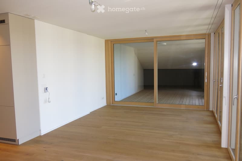 Empty hallway with wooden flooring, white walls, and large sliding glass doors leading to a wooden deck area.