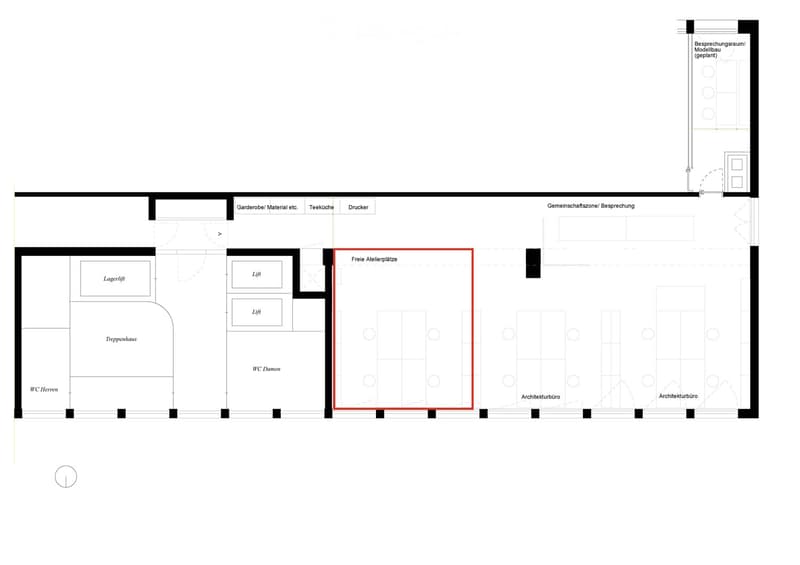 Floor plan showing a layout with various rooms including a free workshop area, storage, lifts, WC facilities, and office spaces.