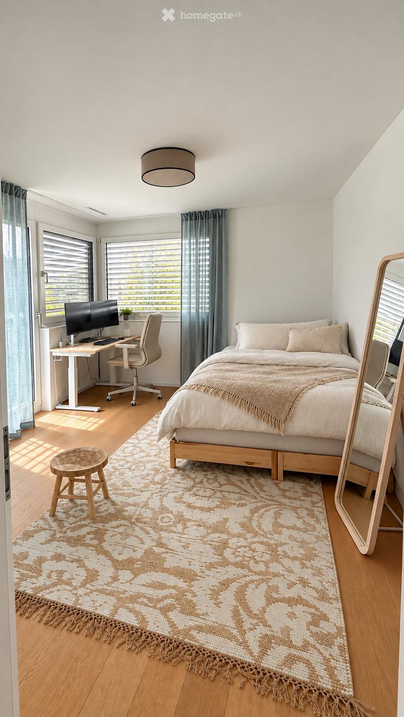 Bright bedroom with a wooden bed, desk with laptop and dual monitors, a small wooden stool, and a large patterned rug.