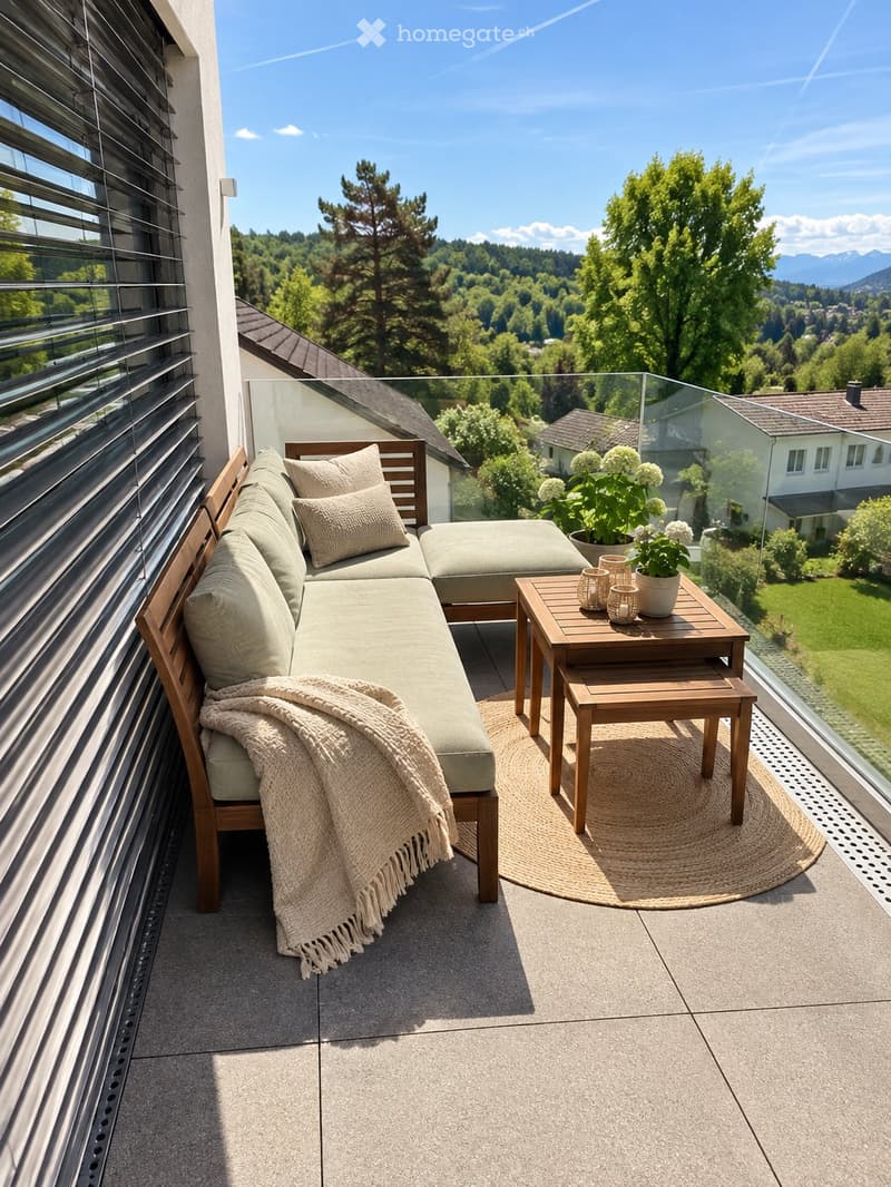 Balcony with a modern wooden sofa, small wooden table, potted plants, and candles, overlooking a scenic green landscape.
