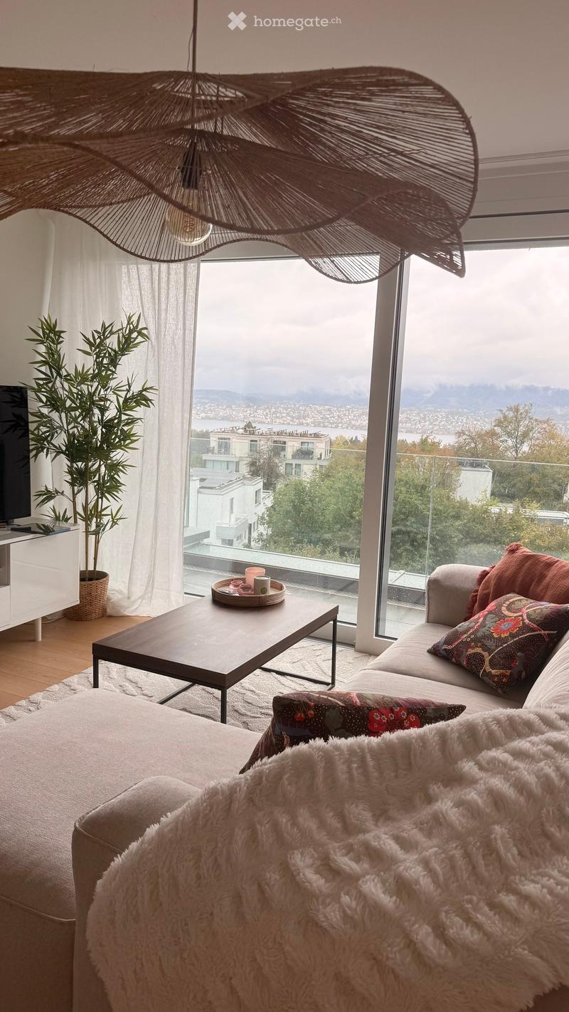 Modern living room with large windows offering a scenic view, featuring a sofa with decorative pillows and a throw blanket, a coffee table with a tray, a potted plant, and a television on a stand.