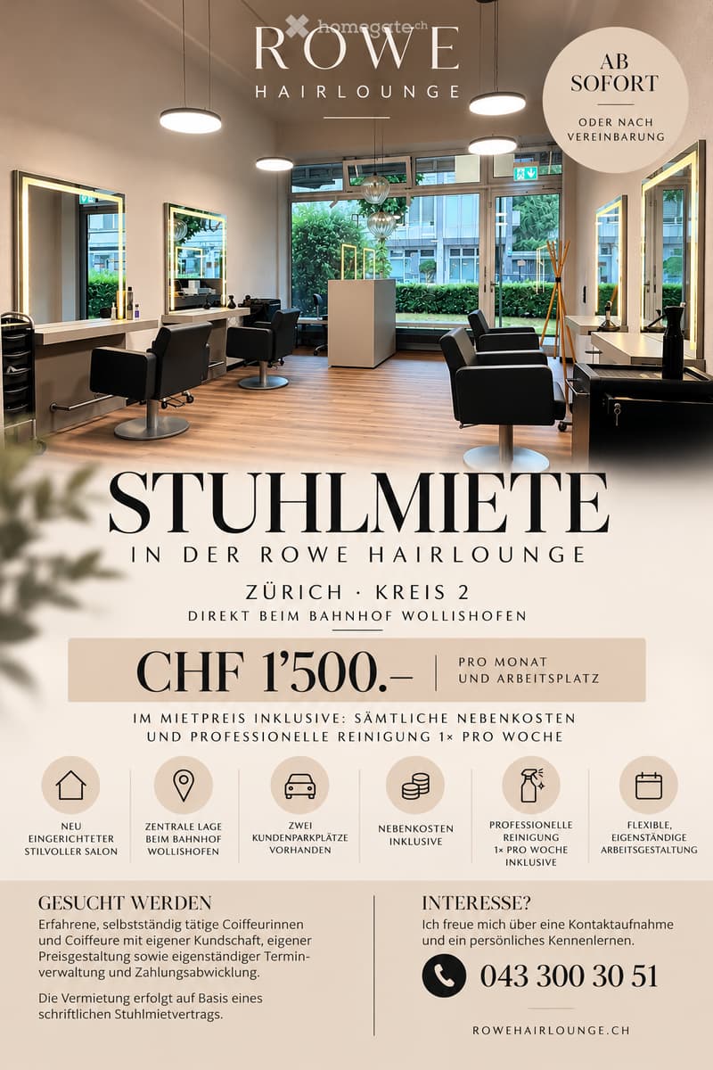 Modern salon interior with wooden flooring, large windows, multiple chairs, mirrors, and decorative lamps.
