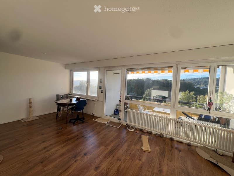 Bright room with wooden flooring, large windows offering a scenic view, a small table with a chair, and a cat tree in the corner.