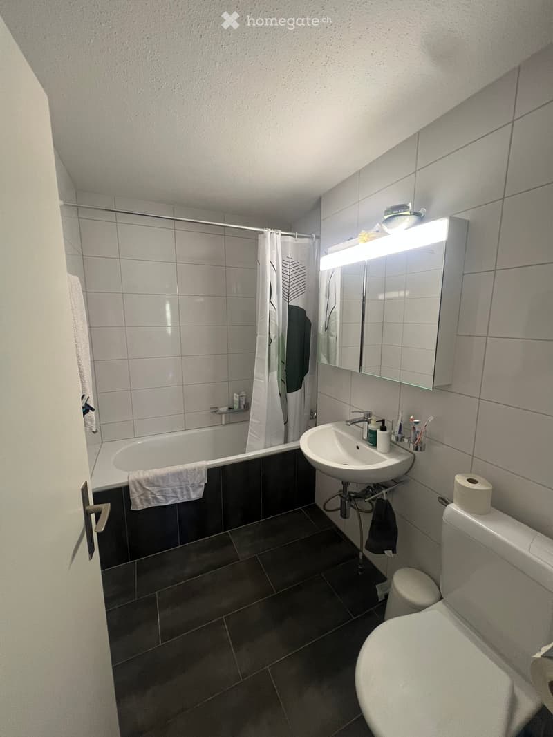Modern bathroom with a bathtub, sink, toilet, mirror, and various toiletries. The space features tiled walls and a dark tiled floor.