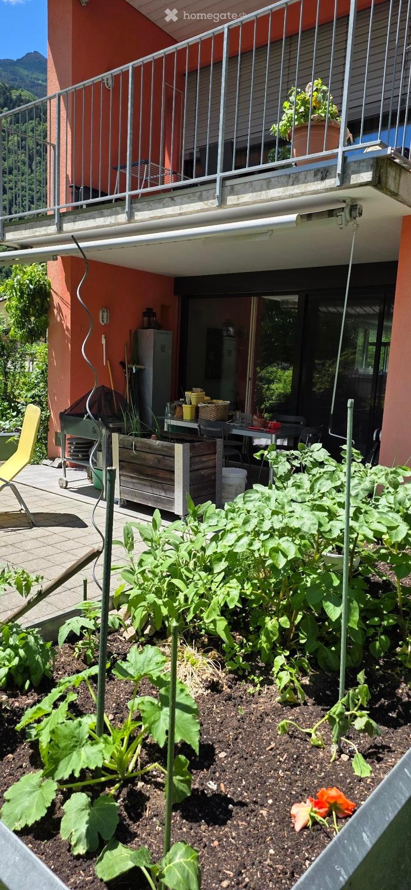 Garden area with vegetable plants, a wooden planter box, a yellow lounge chair, and a small table with chairs near the house entrance.