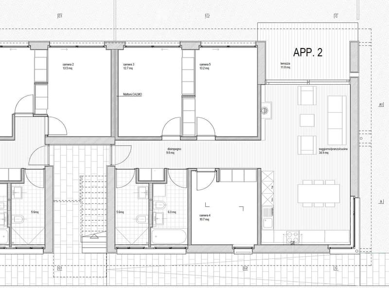 Floor plan of a residential apartment with multiple rooms including bedrooms, living area, kitchen, and bathrooms. Includes labeled areas such as 'camera 2', 'camera 3', 'camera 4', 'camera 5', 'terrazza', and 'disimpegno'.