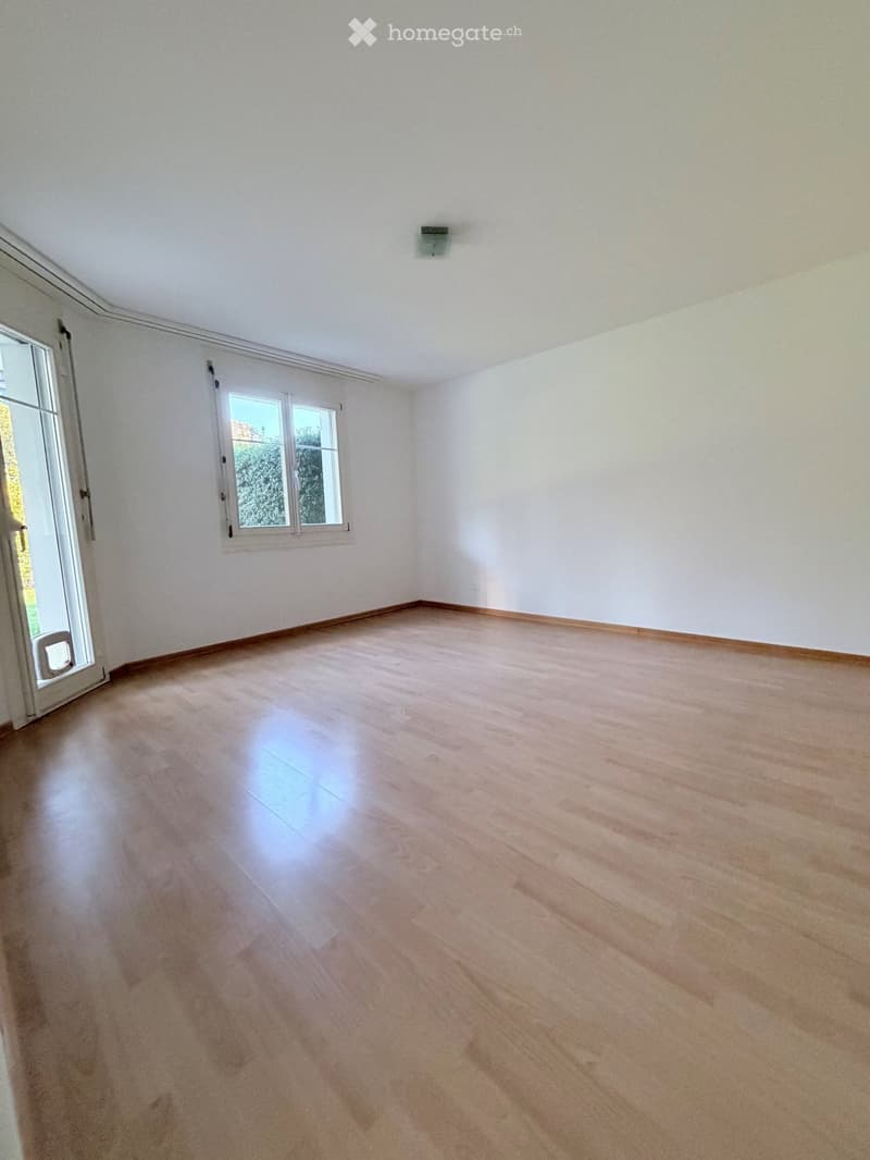 Empty room with light wooden flooring, white walls, and a window with white frame. The room has a door on the left side and a small light fixture on the ceiling.