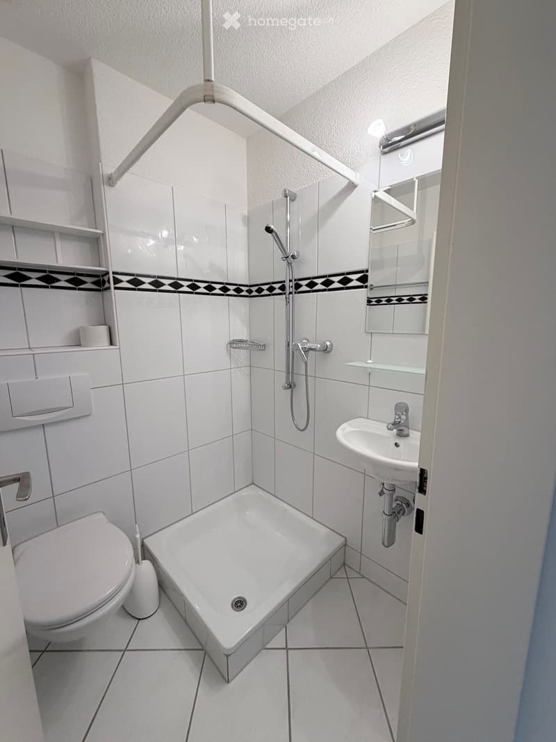 Modern bathroom with white tiles, a bathtub, toilet, sink, and showerhead. Features include a mirror, towel rack, and a shelf for toiletries.