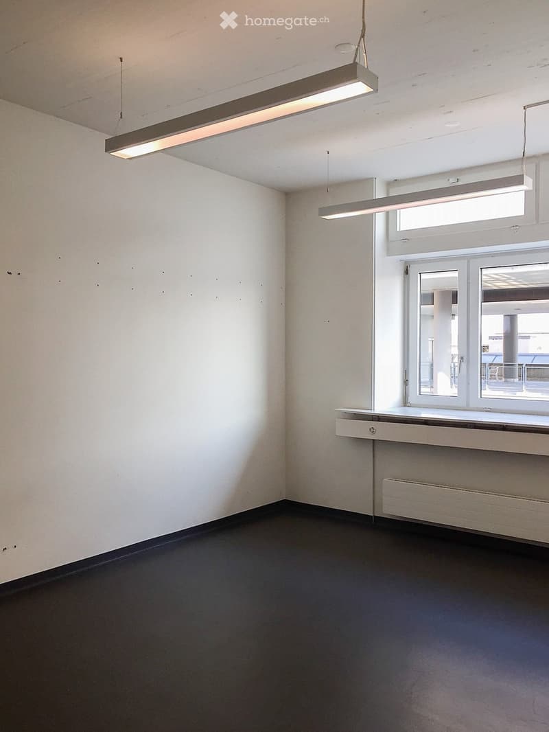 Empty room with white walls, dark flooring, and two pendant lights hanging from the ceiling. There is a window with a white frame and a radiator below it.