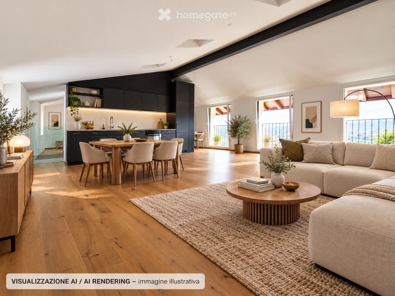 Modern open-plan living and dining area with wooden flooring, a large sectional sofa, coffee table, dining table with chairs, and a sleek kitchen area with dark cabinets and integrated appliances. Large windows open to a balcony with a city view.