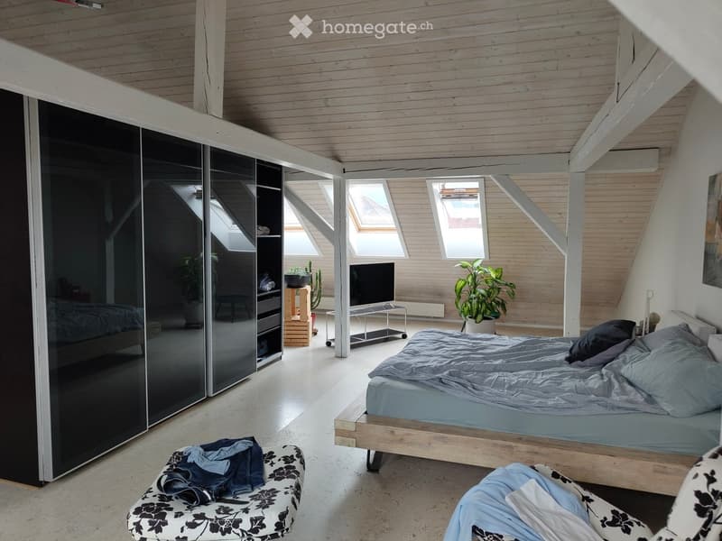 Modern bedroom with wooden bed, grey bedding, black and white patterned chairs, small table, potted plants, and a large mirrored wardrobe.