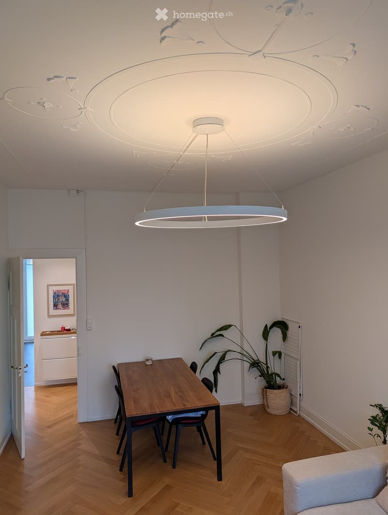Modern dining area with a wooden table, four chairs, a hanging pendant light, and a potted plant. A white sofa is partially visible on the right side.