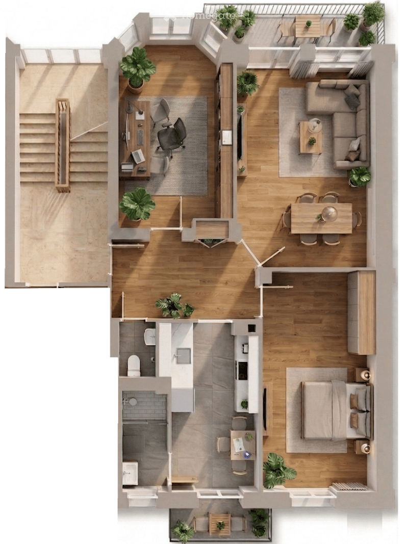Top-floor layout includes a living room, dining area, kitchen, bedroom, and balcony with outdoor seating.