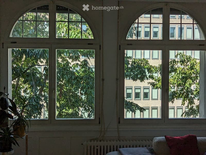 A room with large arched windows, a sofa with a red pillow, and a potted plant on a small table.
