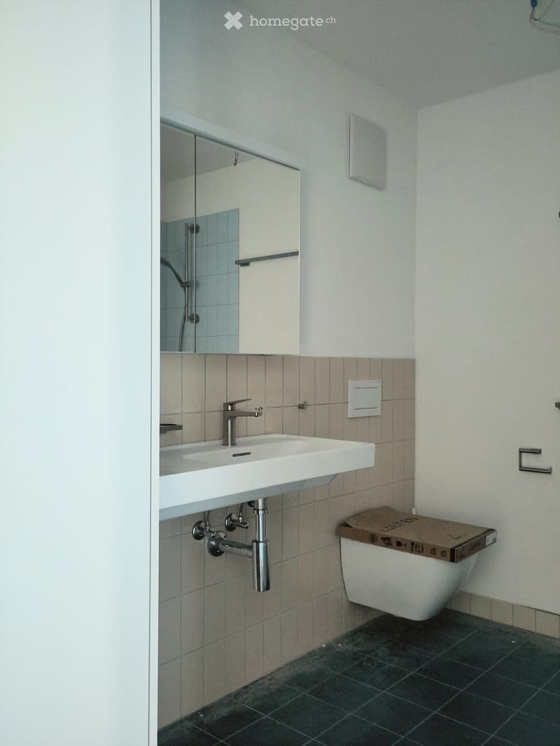 Modern bathroom with a white sink, chrome faucet, toilet with a cardboard cover, and a large mirror above the sink. The walls are tiled in beige and the floor is dark tiled.