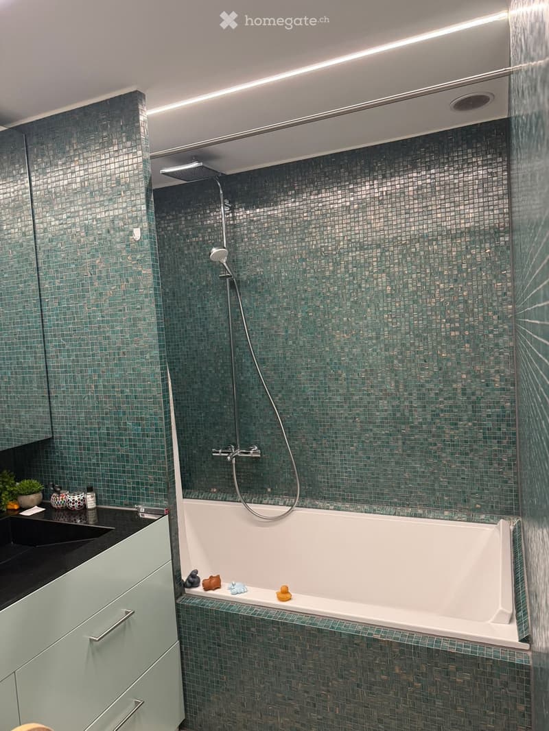 Modern bathroom with a bathtub, showerhead, sink, and various toiletries on the counter.