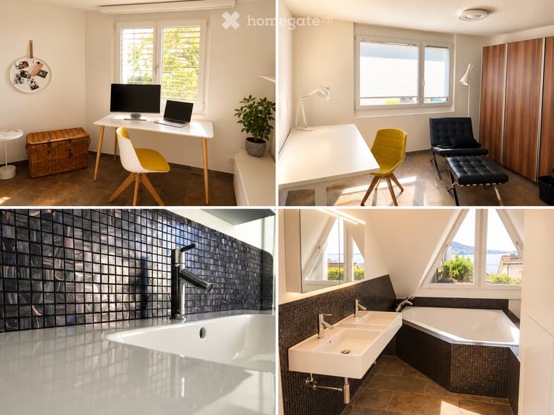 Four images showing a modern, well-lit room with a desk, chairs, laptop, computer monitor, small table, plant, and lamp. The room features large windows with blinds and a stylish, contemporary design.