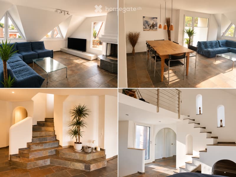 Four images show a modern, well-lit living and dining area with a blue sectional sofa, glass coffee table, wooden dining table, pendant lights, fireplace, and decorative plants.