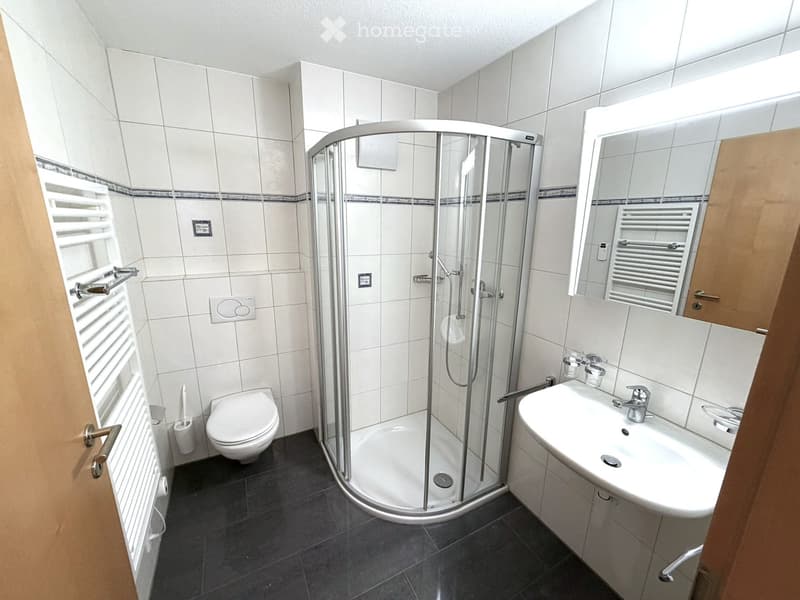 Modern bathroom with white tiles, a corner shower, toilet, sink, and a large mirror. Features a radiator and a towel rack.