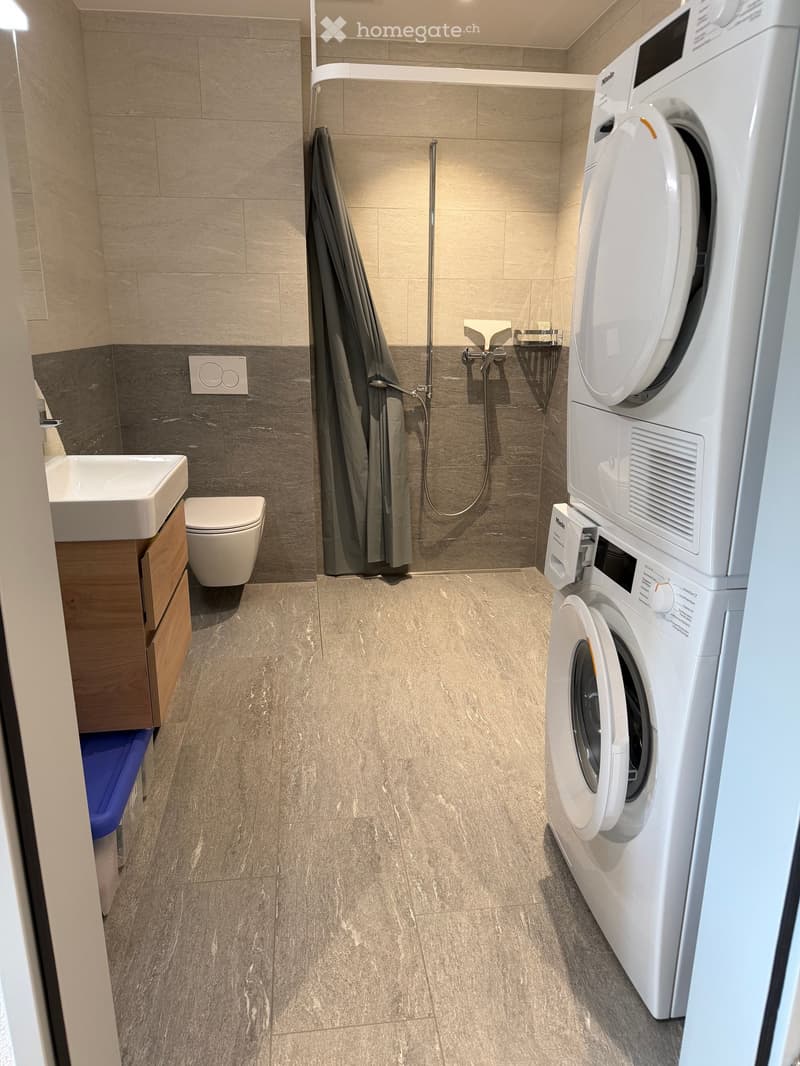 Modern bathroom with a sink, toilet, shower, washing machine, and dryer. Features a wooden cabinet and a blue seat.