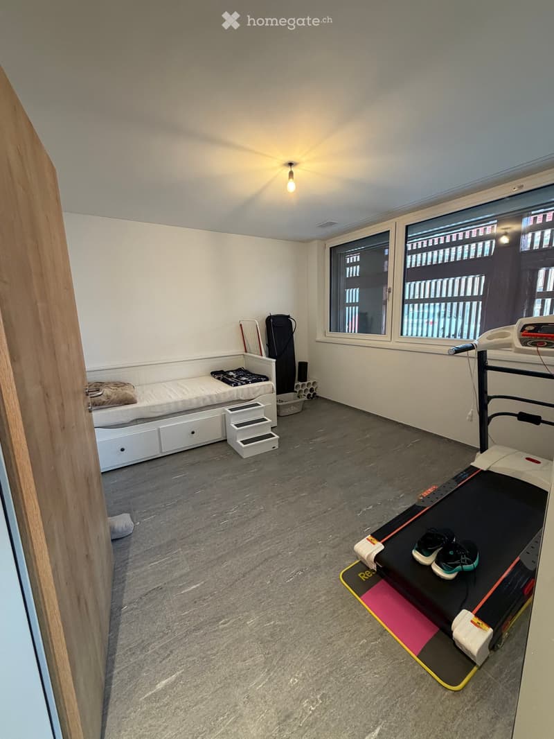 A small, furnished room with a treadmill, a bed, a stool, a cat litter box, and a cat carrier. The room has large windows and a grey concrete floor.
