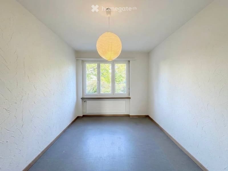 Empty room with white walls, grey carpet, large window with white frame, radiator, and a hanging spherical light fixture.
