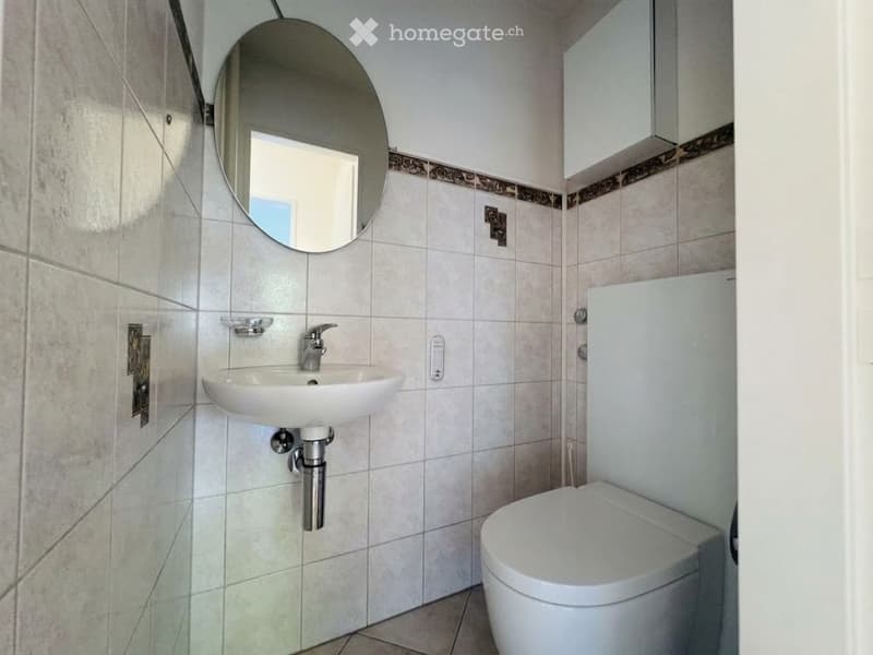 Modern bathroom with white tiles, a round mirror, a sink, and a toilet.