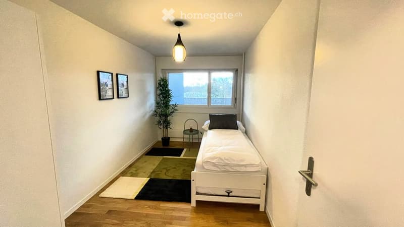 Cozy bedroom with a single bed, white walls, wooden floor, a small chair, a potted plant, and two picture frames on the wall.