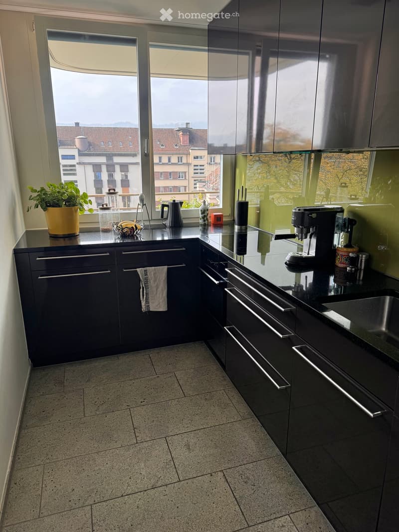 Modern kitchen with dark cabinets, stainless steel appliances, and a large window overlooking a cityscape. Includes a coffee maker, sink, and various kitchen items on the counter.