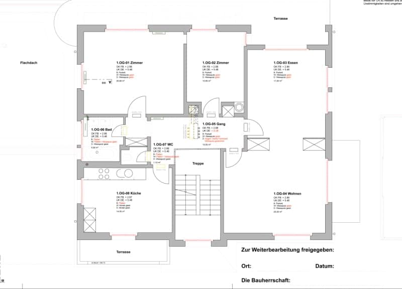 Floor plan of a 1st floor showing a bedroom, living room, kitchen, bathroom, hallway, and terrace.