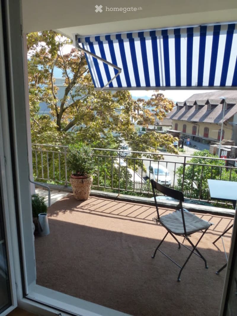 Balcony with striped awning, potted plants, folding chairs, and a small table.