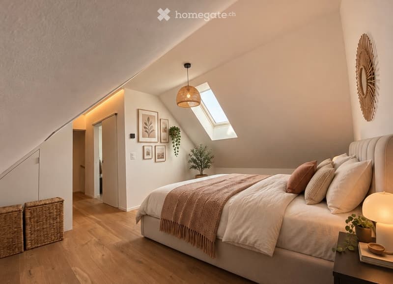 Cozy attic bedroom with wooden floors, slanted ceilings, skylight, and modern decor including a large bed, nightstand, and wall art.