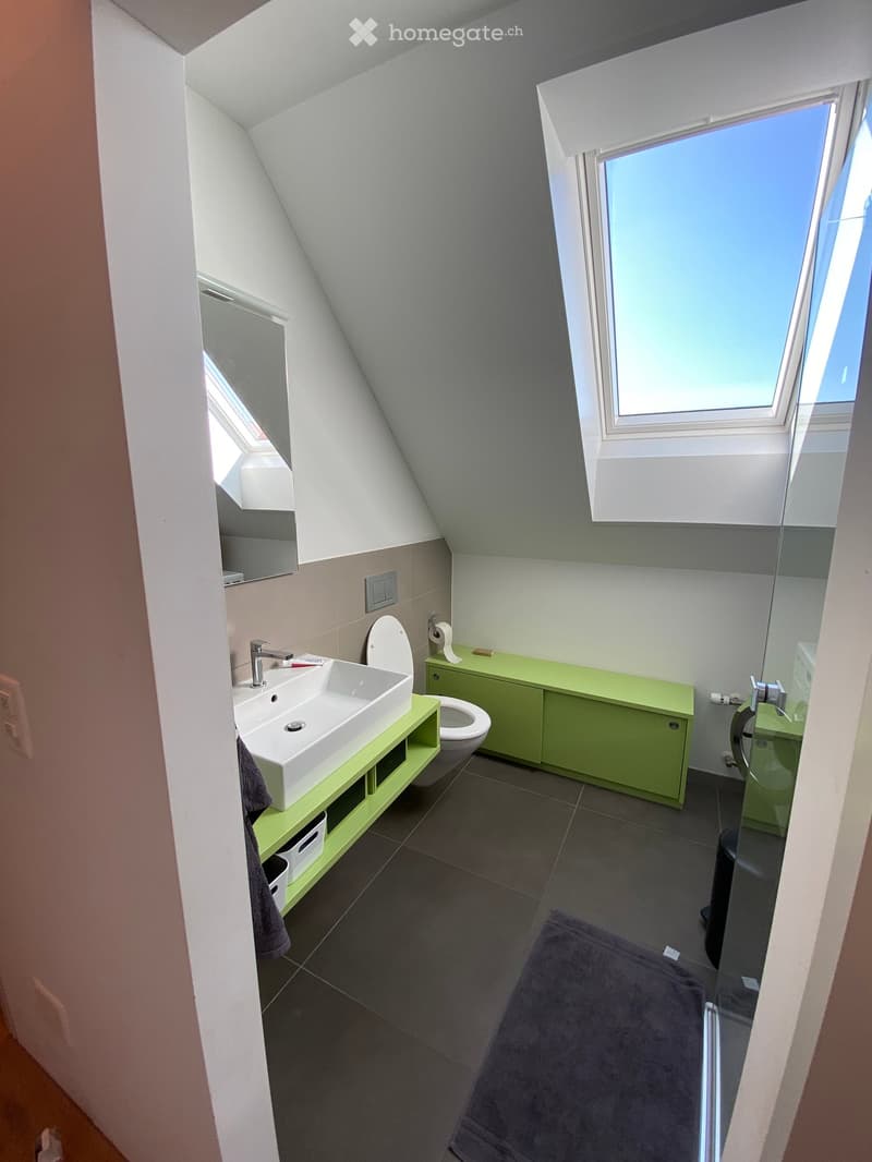 Modern bathroom with a white sink, toilet, green cabinet, and large windows letting in natural light. Features a dark tiled floor and a towel on the floor.