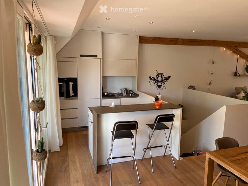 Modern kitchen with white cabinets, bar counter, bar stools, and a small dining area with a table and chair. Features a hanging basket with a cactus and a decorative wall piece.