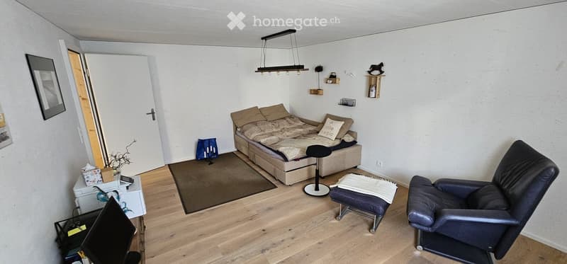 A cozy living room with a sofa, a black leather chair, a small table, a mirror, and a shelf with decorative items.
