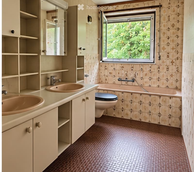 Bathroom with two sinks, a bathtub, and a toilet. The room features patterned tiles on the walls and a dark red tiled floor.