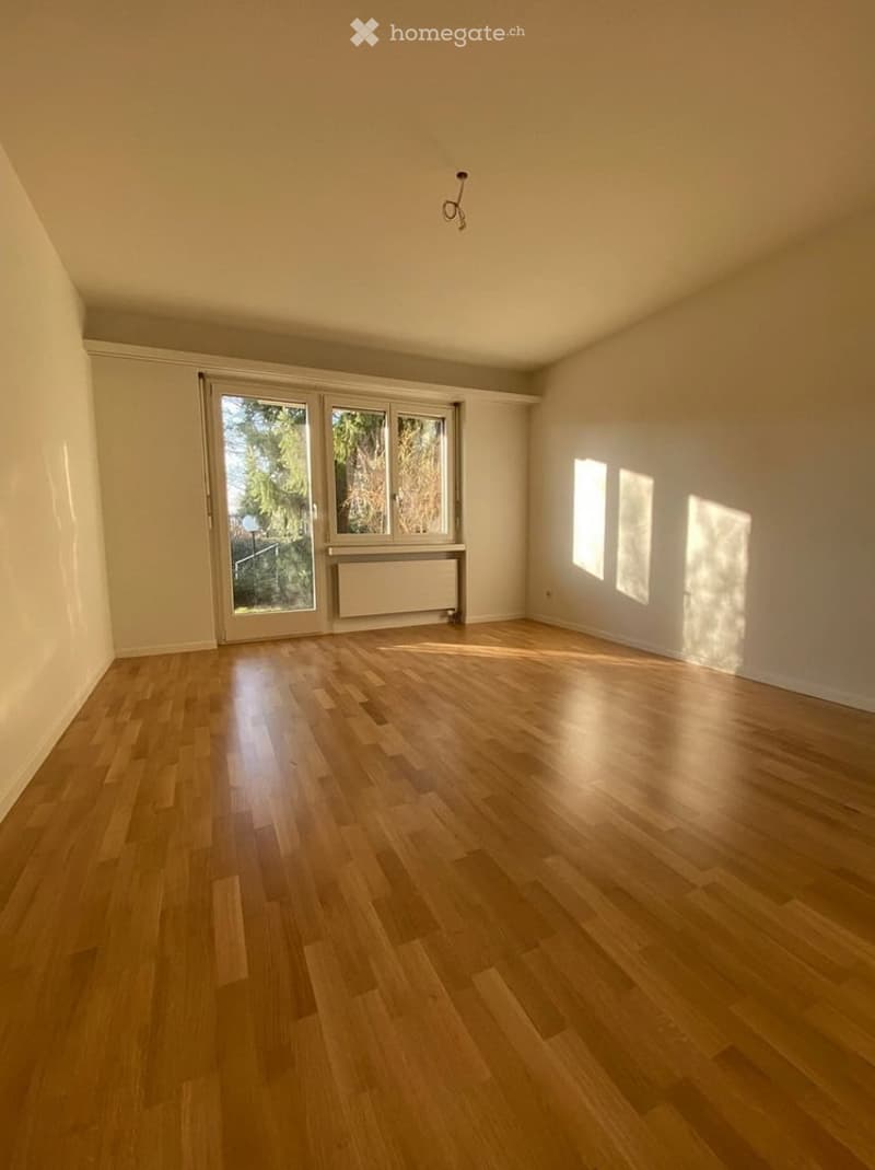 Empty room with wooden flooring, large windows, and a radiator. No furniture or equipment present.