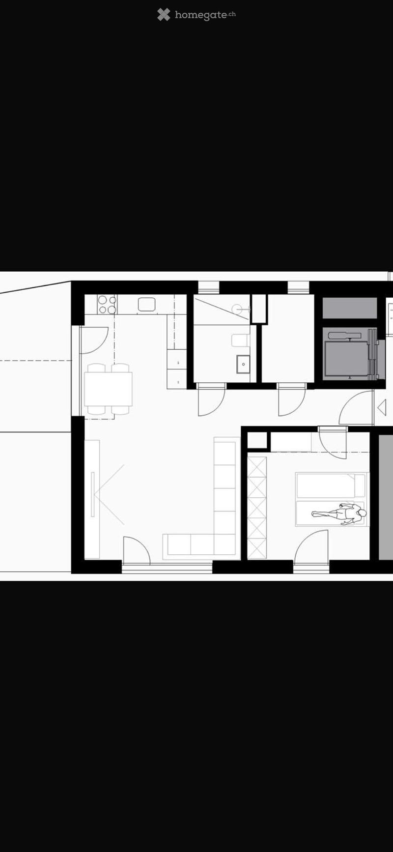Layout includes a living room, dining area, kitchen, bedroom, and bathroom.