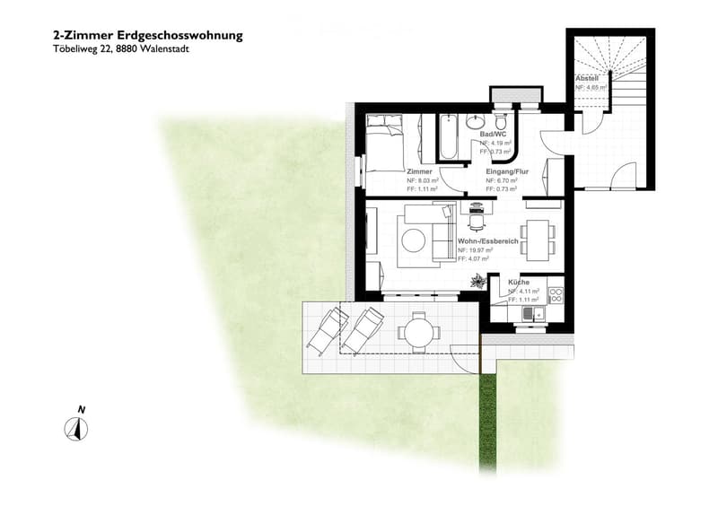Floor plan of a 2-room ground floor apartment with bedroom, living/dining area, kitchen, bathroom, and hallway.