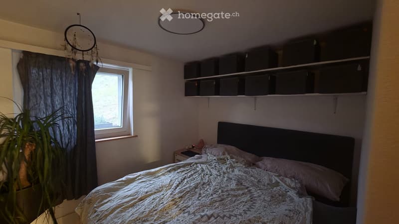Cozy bedroom with a bed, nightstand, shelves, and a large window with a curtain. A dreamcatcher hangs from the ceiling, and a potted plant is placed near the window.