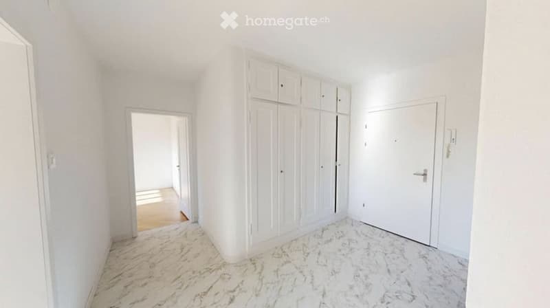 Bright, minimalist hallway with white walls, marble flooring, built-in white cabinetry, and a closed door leading to another room.