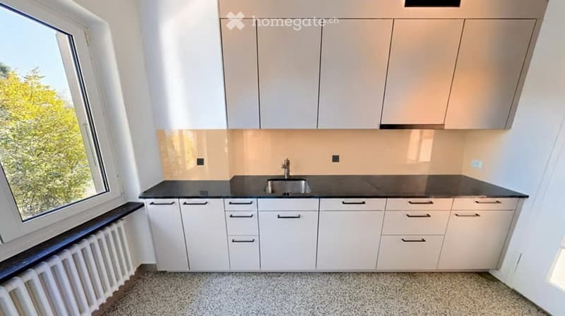 Modern kitchen with white cabinets, black countertops, and a stainless steel sink.