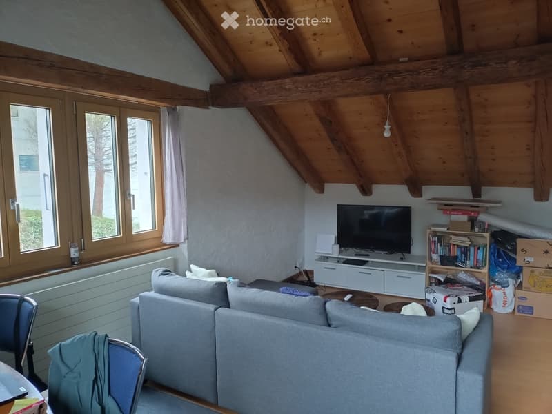 Living room with exposed wooden beams, large windows, grey sofa, coffee table, TV stand, bookshelf, and a laptop on a table.