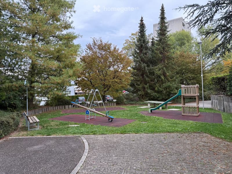 Playground area with seesaw, slide, climbing structure, benches, and surrounding trees.
