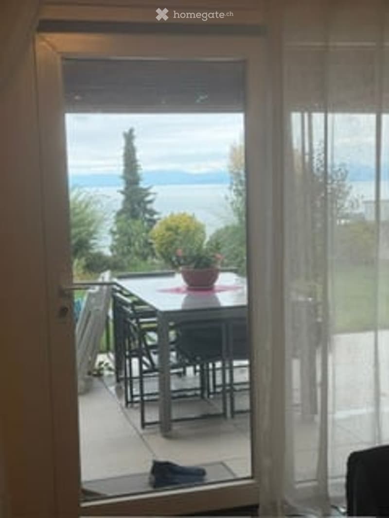 Balcony with a view of a lake and trees, featuring a small table and chairs, and a potted plant.