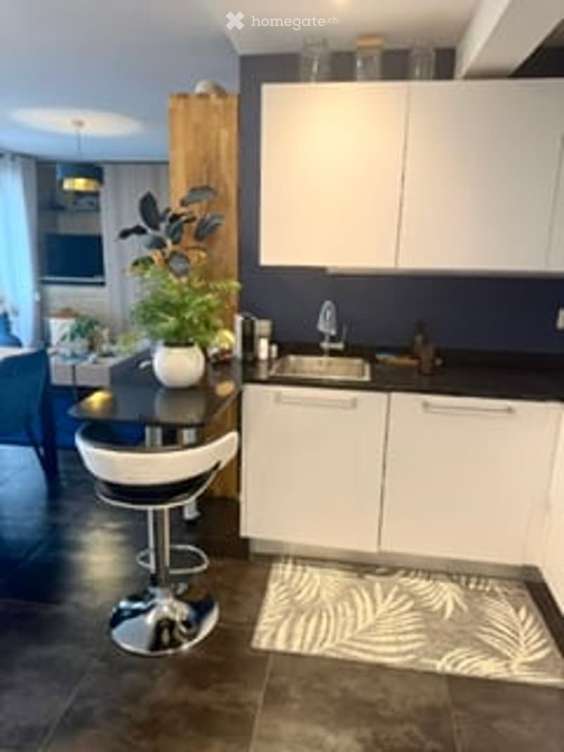 Modern kitchen with white cabinets, dark countertops, a sink, a stool, and a potted plant on the counter.